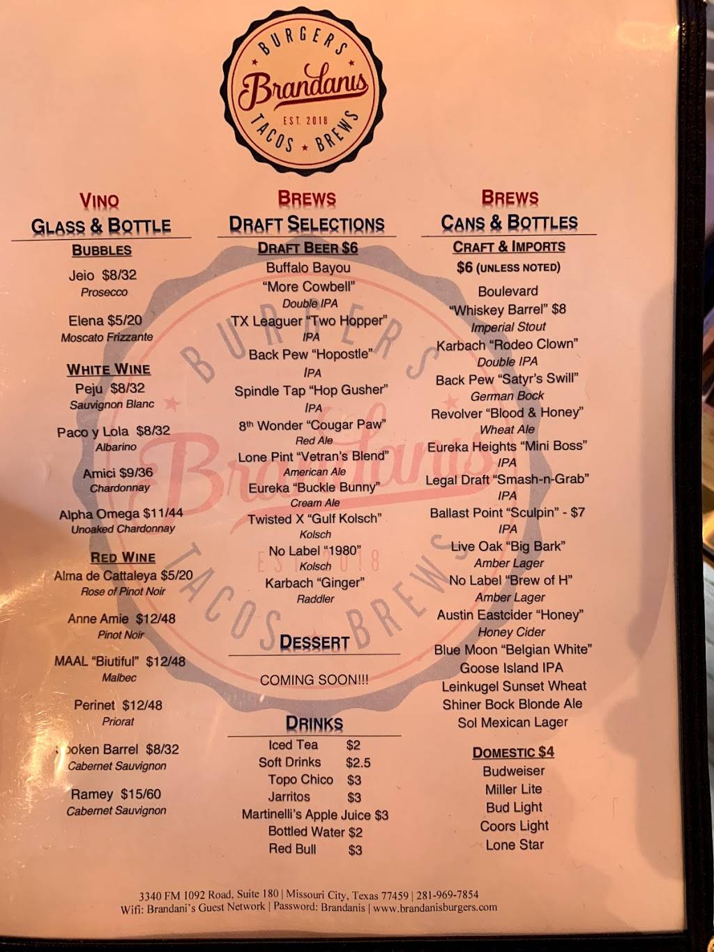 Brandani’s Burgers, Tacos & Brews | restaurant | 3340 FM 1092 Rd Suite 180, Missouri City, TX 77459, USA | 2819697854 OR +1 281-969-7854