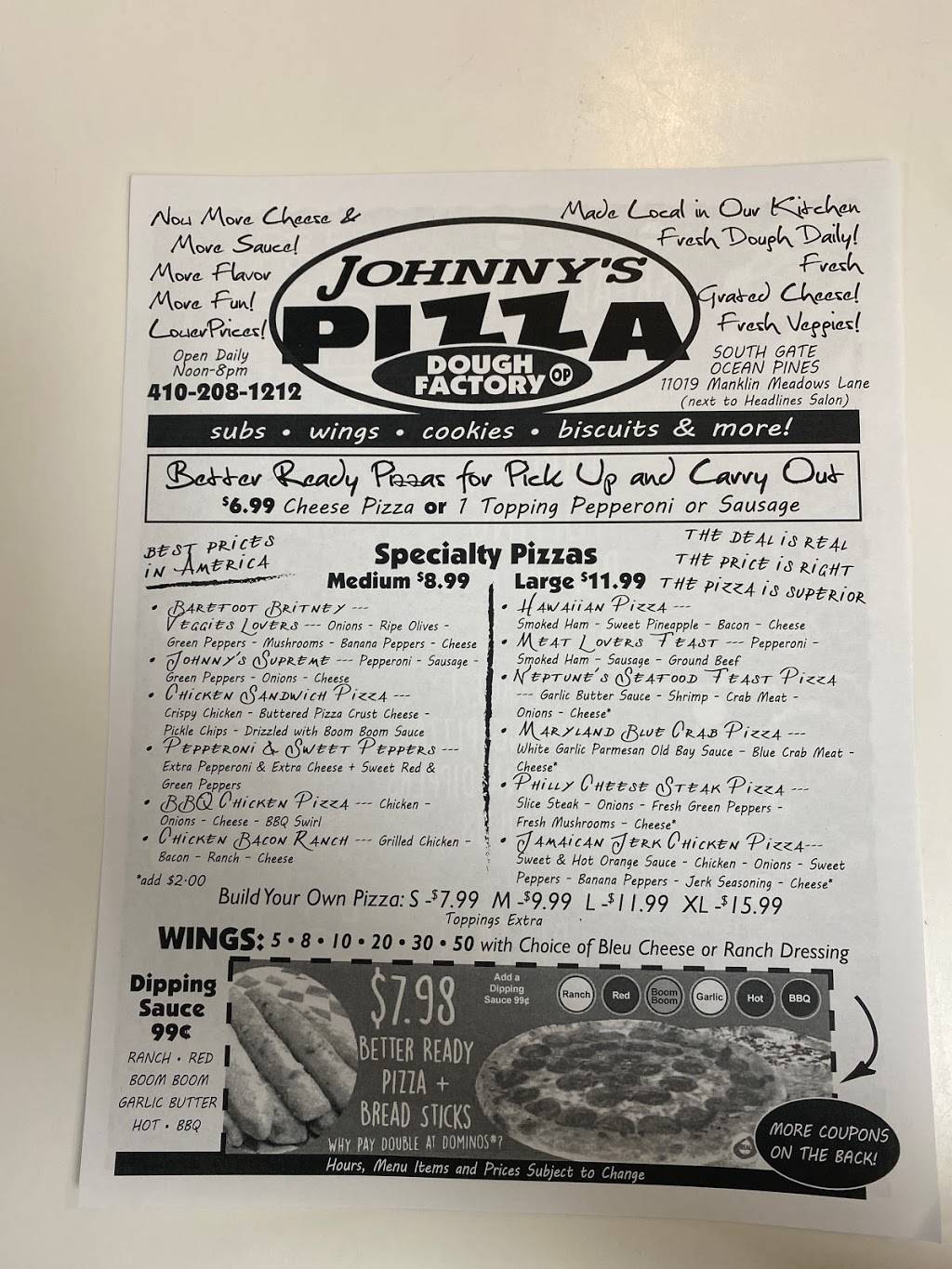 Johnny’s Pizza Ocean pines | meal delivery | 11019 Manklin Meadows Ln, Ocean Pines, MD 21811, USA | 4102081212 OR +1 410-208-1212