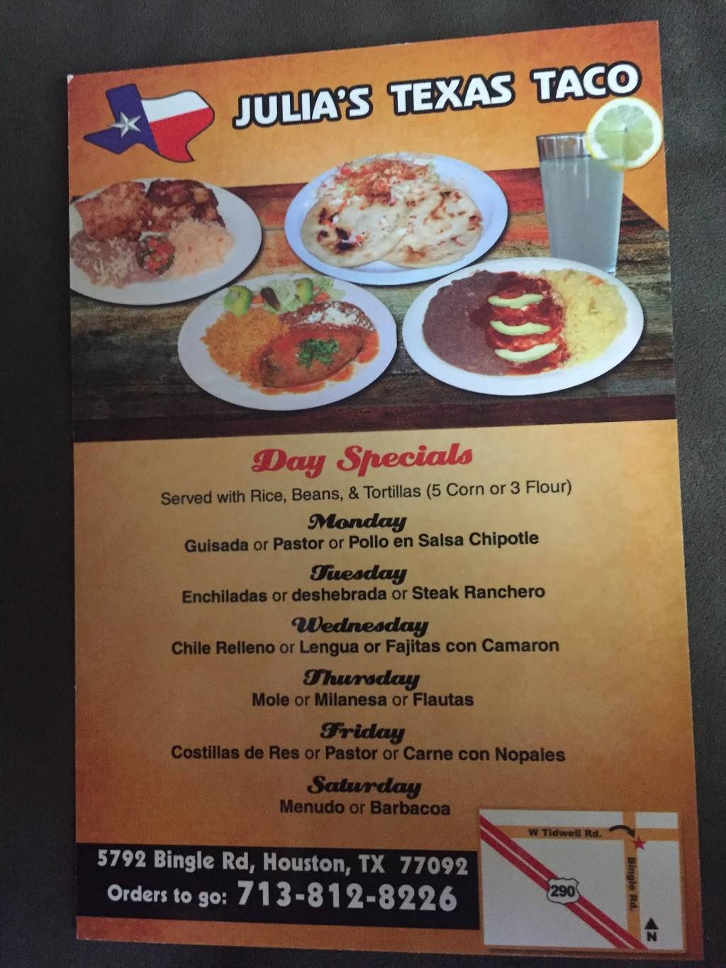 Julias Texas Taco | restaurant | 5792 Bingle Rd, Houston, TX 77092, USA | 7138128226 OR +1 713-812-8226
