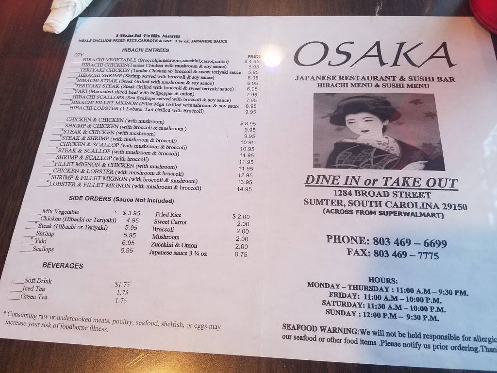 Osaka Japanese Restaurant & Sushi | restaurant | 1003 Broad St, Sumter, SC 29150, USA | 8034696699 OR +1 803-469-6699