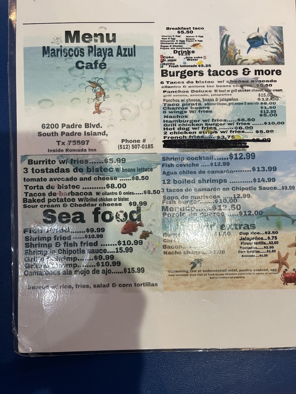 Mariscos Playa Azul Café | restaurant | 6200 Padre Blvd, South Padre Island, TX 78597, USA | 5125070185 OR +1 512-507-0185