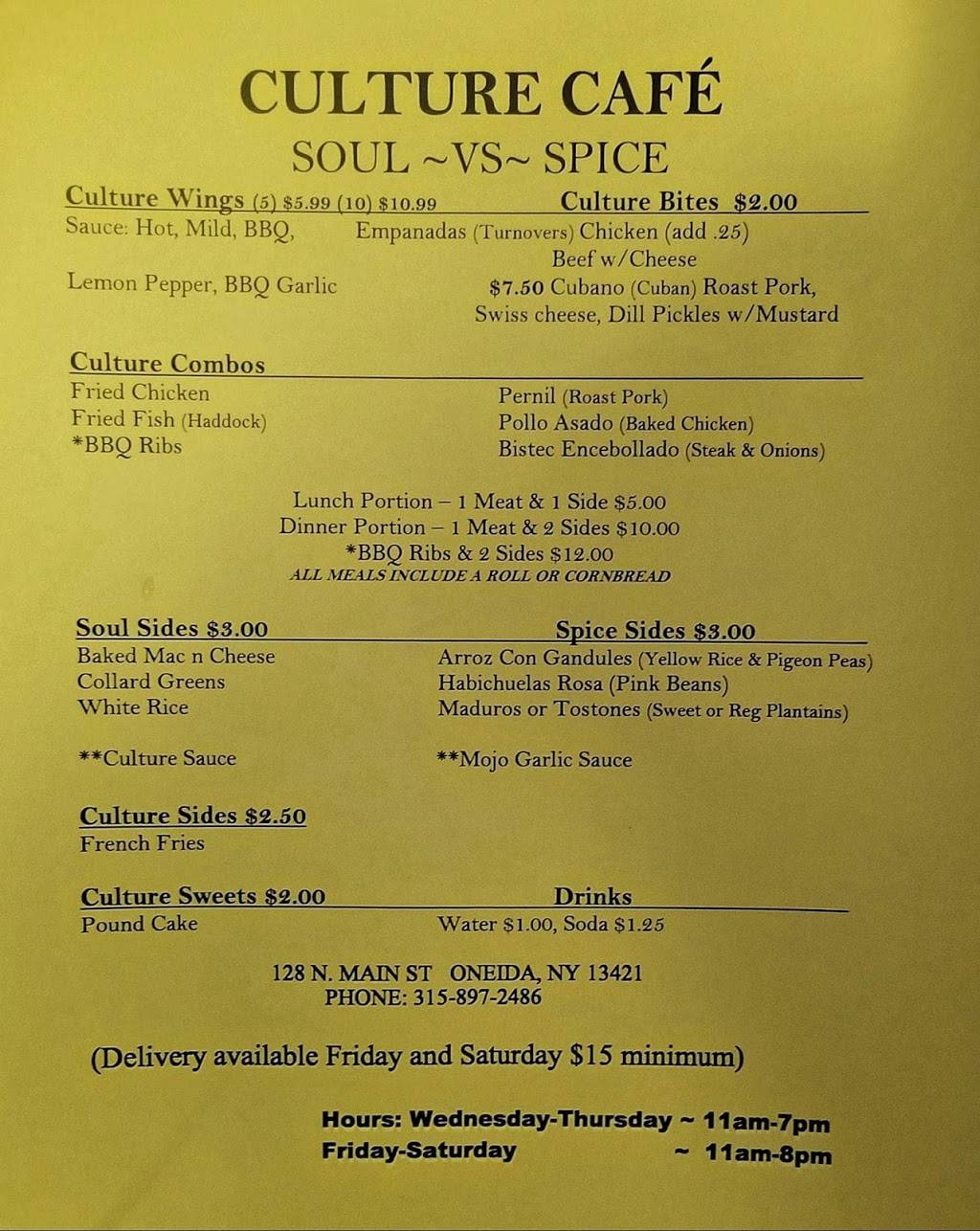 Culture Cafe | restaurant | 128 N Main St, Oneida, NY 13421, USA | 3158972486 OR +1 315-897-2486