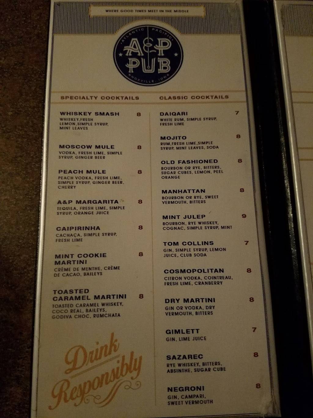 Atlantic & Pacific Pub | night club | 105 S 3rd St, Knoxville, IA 50138, USA | 6418288008 OR +1 641-828-8008