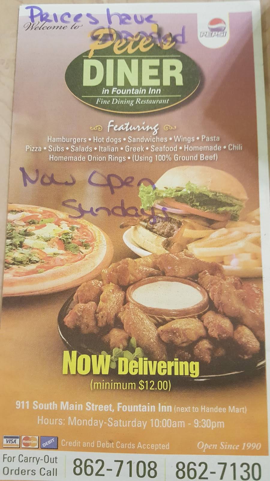 Petes Diner | restaurant | 911 S Main St, Fountain Inn, SC 29644, USA | 8648627108 OR +1 864-862-7108