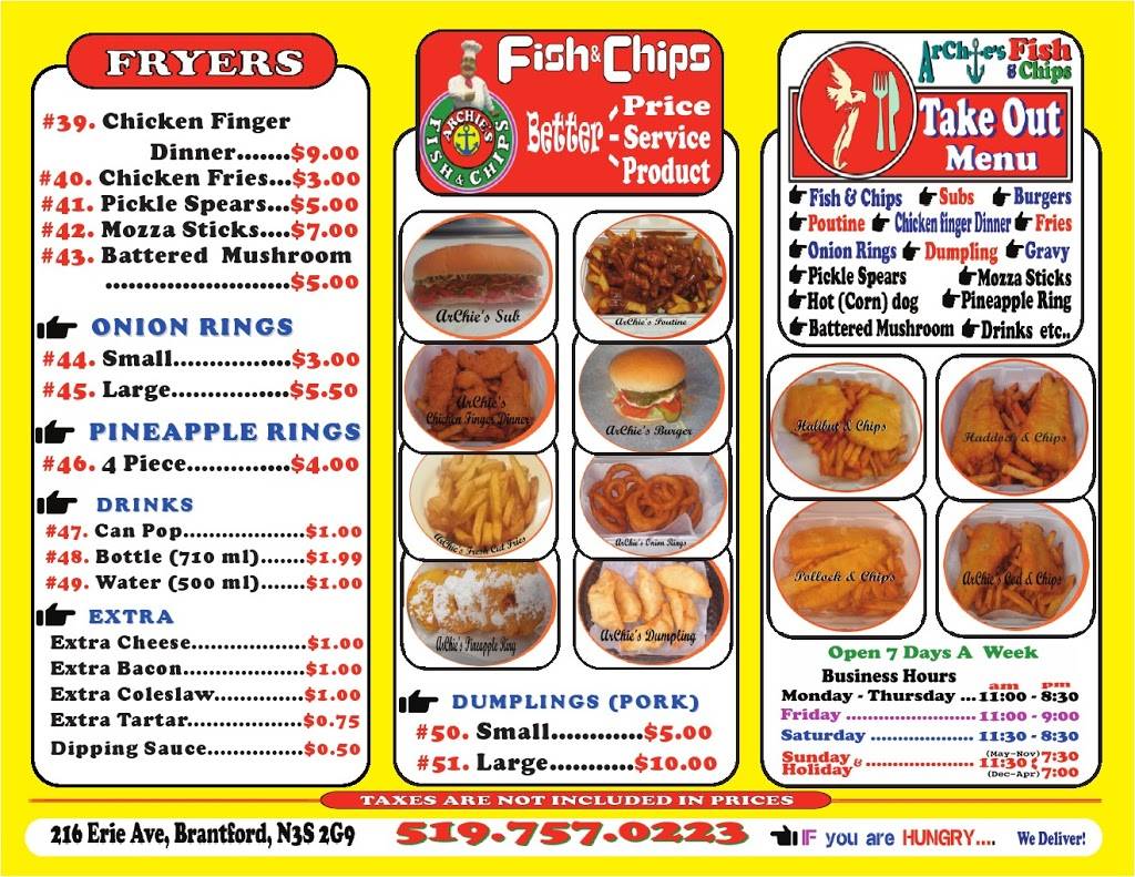 Archies Fish and Chips | restaurant | 216 Erie Ave, Brantford, ON N3S 2G9, Canada | 5197570223 OR +1 519-757-0223