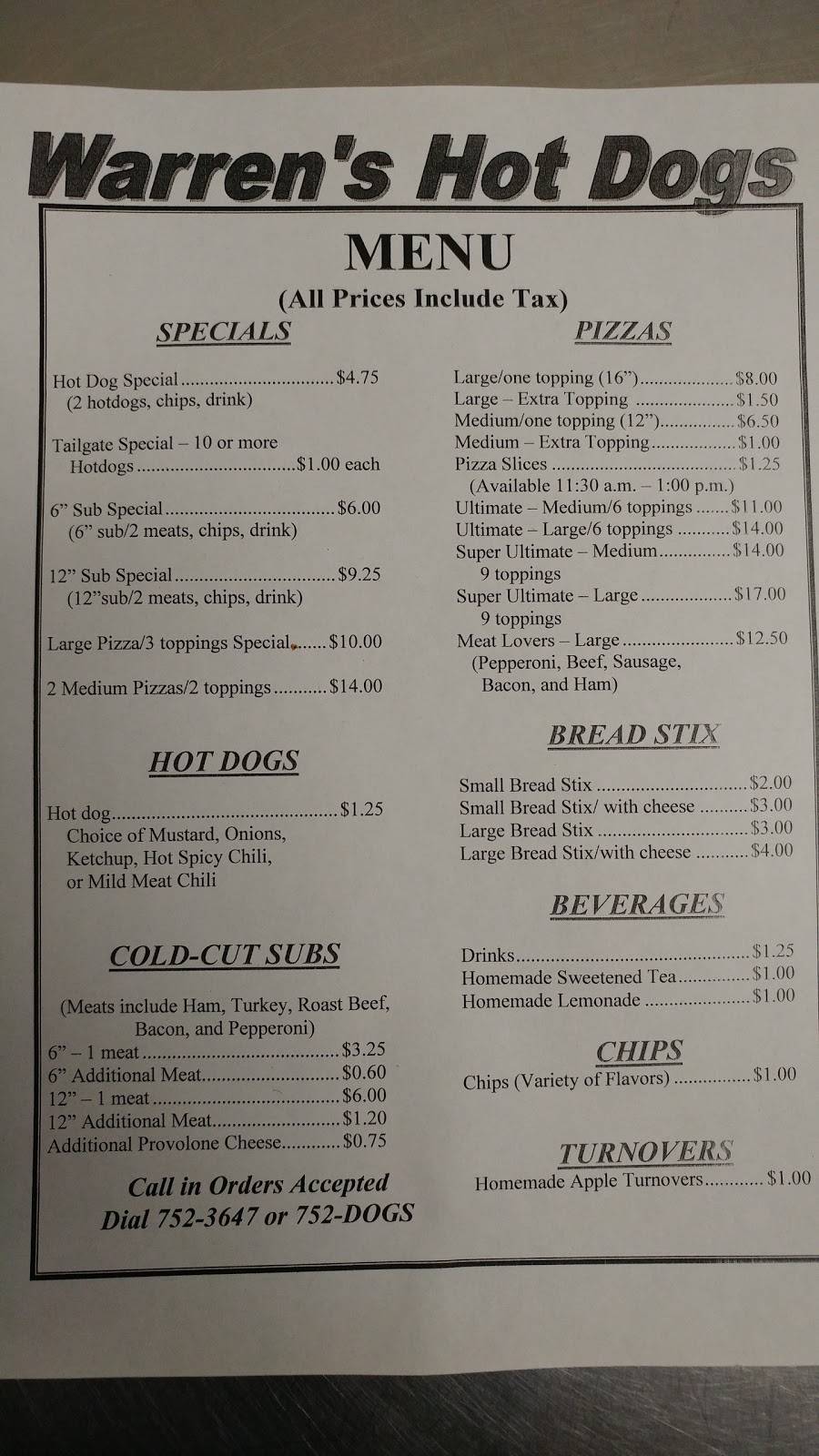 Warrens Hot Dogs | restaurant | 1938 N Memorial Dr, Greenville, NC 27834, USA | 2527523647 OR +1 252-752-3647