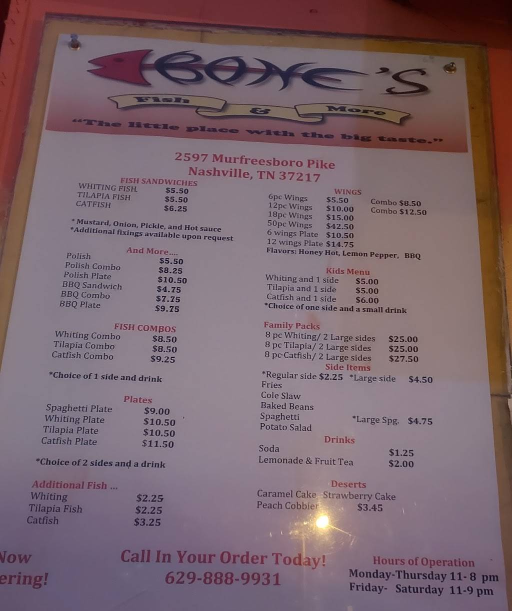 Bones Fish & More | restaurant | 2597 Murfreesboro Pike, Nashville, TN 37217, USA | 6298889931 OR +1 629-888-9931