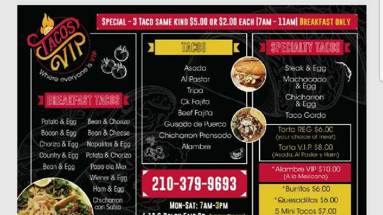 Tacos VIP | restaurant | 25285 Frontage Rd, San Antonio, TX 78257, USA | 2103799693 OR +1 210-379-9693