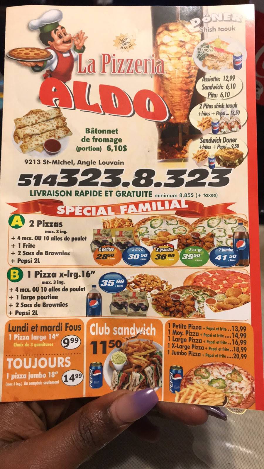 Aldo Pizza | restaurant | 9213 Boulevard Saint-Michel, Montréal, QC H1Z 3G7, Canada | 5143238323 OR +1 514-323-8323