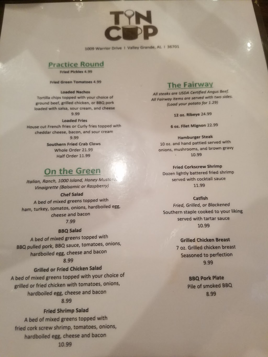 Tin Cup | restaurant | 1009 Warrior Dr, Valley Grande, AL 36701, USA | 3348728010 OR +1 334-872-8010
