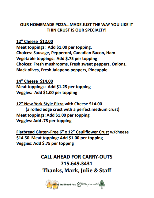 Hiles Trailhead Pub | restaurant | 9245 WI-32, Hiles, WI 54511, USA | 7156493431 OR +1 715-649-3431