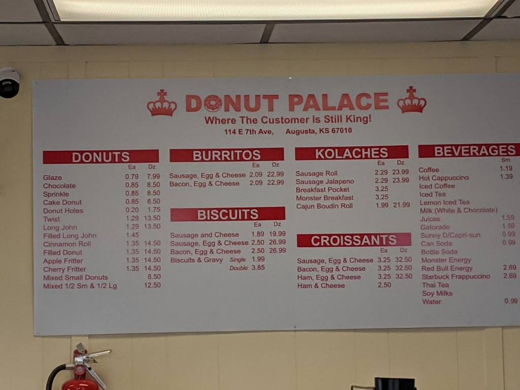 Donut Palace | restaurant | 114 E 7th Ave, Augusta, KS 67010, USA | 3166333456 OR +1 316-633-3456