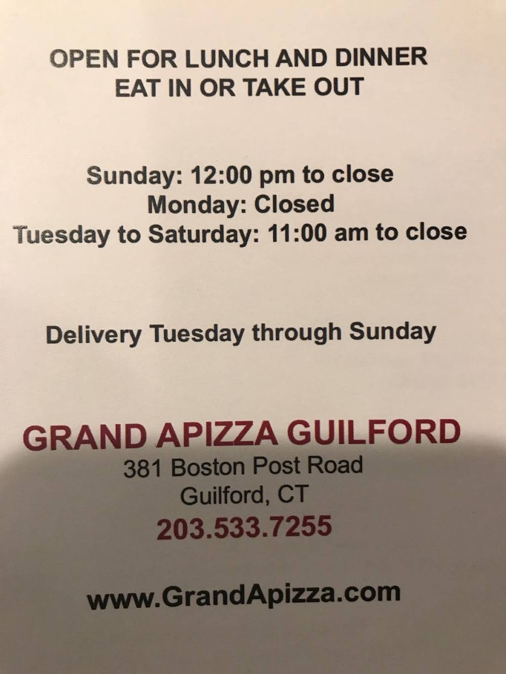 Grand Apizza of Guilford | restaurant | 381 Boston Post Rd, Guilford, CT 06437, USA | 2035337255 OR +1 203-533-7255