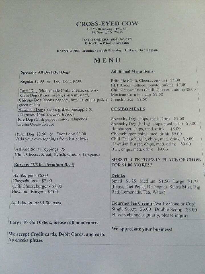Cross-Eyed Cow | restaurant | 105 W Broadway St, Big Sandy, TX 75755, USA | 9037476971 OR +1 903-747-6971