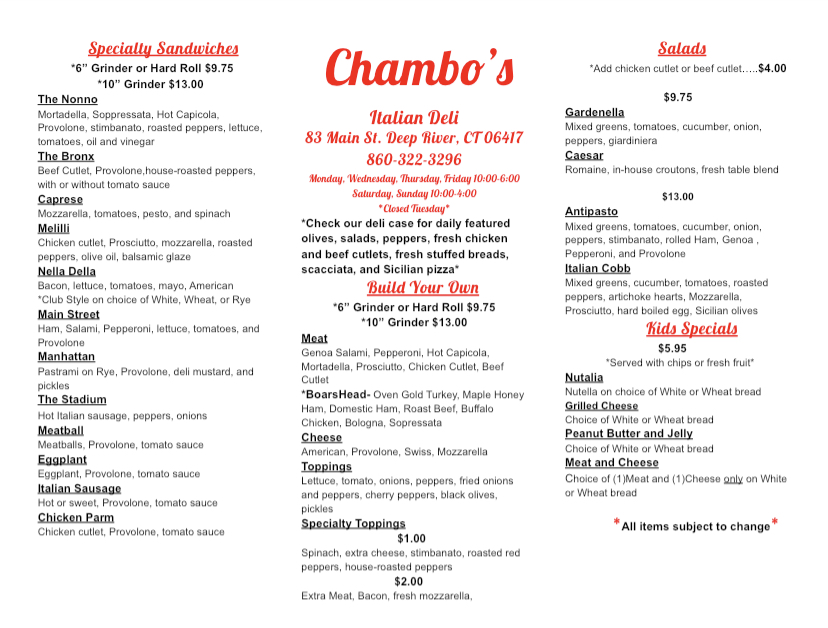 Chambo’s Deli | restaurant | 83 Main St, Deep River, CT 06417, USA | 8603223296 OR +1 860-322-3296