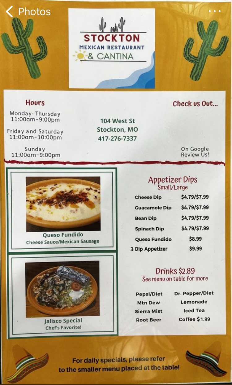 Stockton Mexican Restaurant & Cantina | restaurant | 104 West St, Stockton, MO 65785, USA | 4172767337 OR +1 417-276-7337