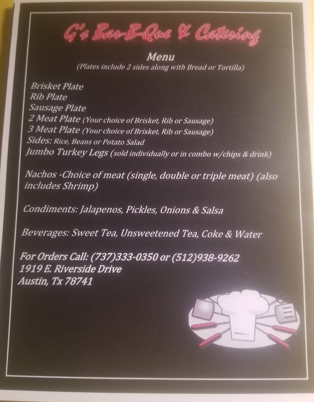 Gs Bar B Que Catering | restaurant | 1919 E Riverside Dr, Austin, TX 78741, USA | 7373330350 OR +1 737-333-0350