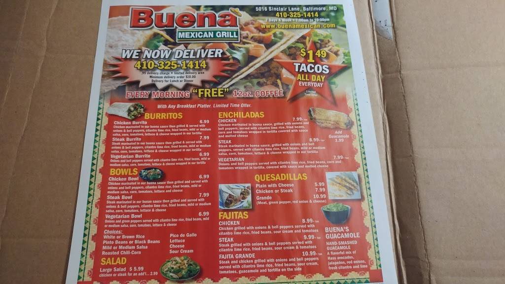 Buena Mexican Grill | restaurant | 5016 Sinclair Ln, Baltimore, MD 21206, USA | 4103251414 OR +1 410-325-1414