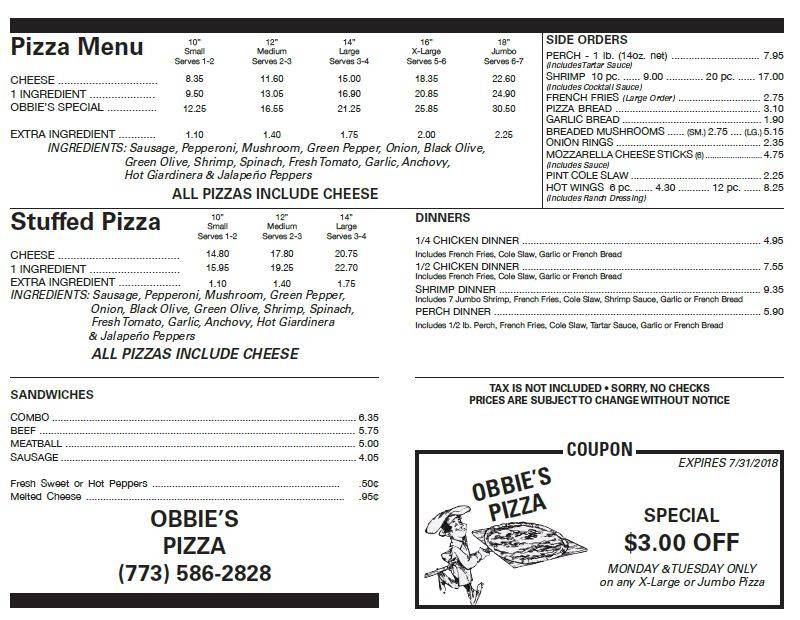 Obbies Pizza | restaurant | 2420, 6654 W Archer Ave, Chicago, IL 60638, USA | 7735862828 OR +1 773-586-2828