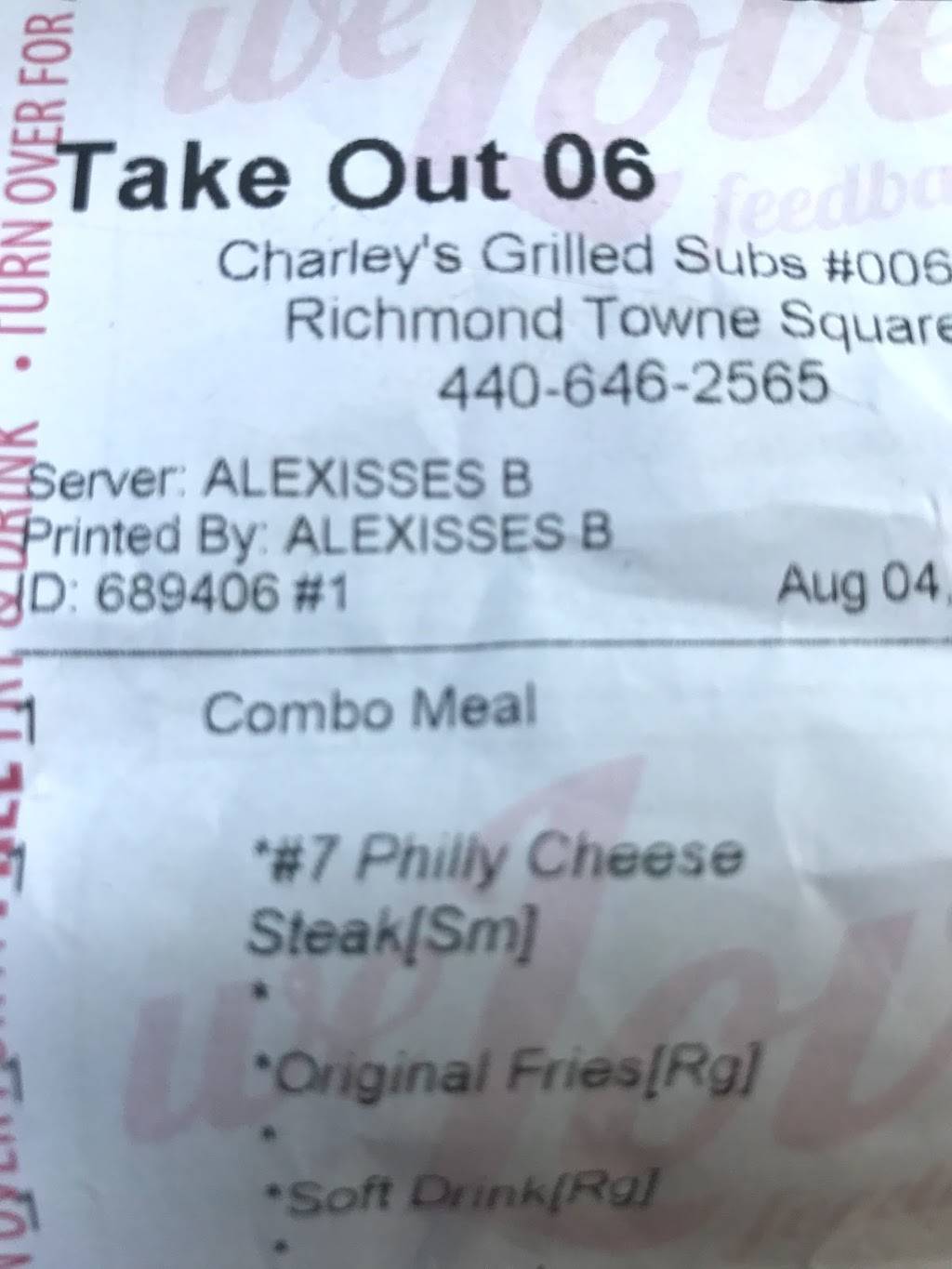 Charleys Philly Steaks | restaurant | 691 Richmond Rd VC11, Richmond Heights, OH 44143, USA | 4406462565 OR +1 440-646-2565