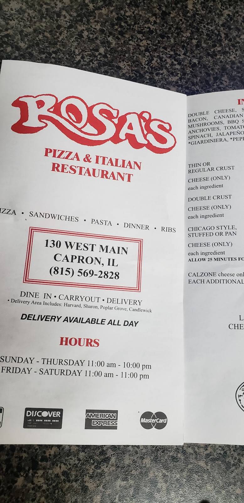Rosas Pizza & Italian Restaurant | meal delivery | 130 W Main St, Capron, IL 61012, USA | 8155692828 OR +1 815-569-2828