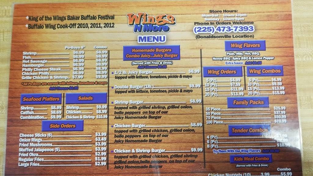 Wings N More | restaurant | 515 Marchand Dr, Donaldsonville, LA 70346, USA | 2254737393 OR +1 225-473-7393