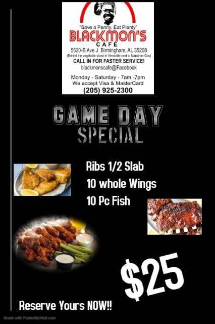 Blackmons Cafe | restaurant | 5620 Ave J, Birmingham, AL 35208, USA | 2059252300 OR +1 205-925-2300