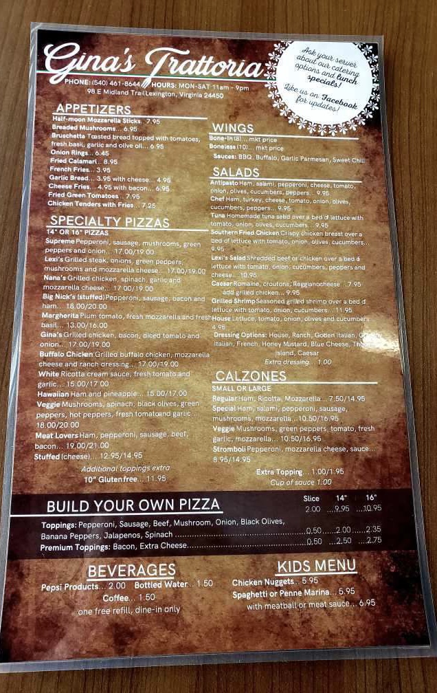 Ginas Trattoria | restaurant | 98 E Midland Trail, Lexington, VA 24450, USA | 5404618644 OR +1 540-461-8644