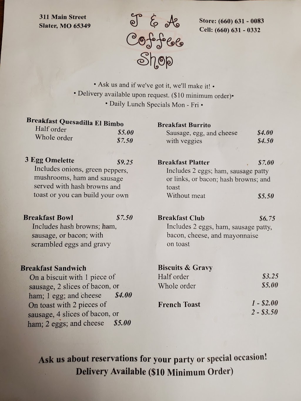 J&A Coffee Shop | restaurant | 311 Main St, Slater, MO 65349, USA | 6606310083 OR +1 660-631-0083