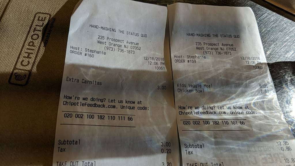 Chipotle Mexican Grill | restaurant | 235 Prospect Ave, West Orange, NJ 07052, USA | 9737361873 OR +1 973-736-1873