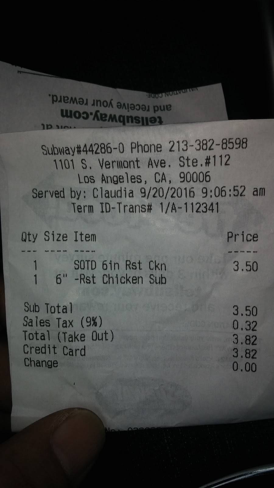 Subway Restaurants | restaurant | Gold Plaza, 1101 S Vermont Ave #112, Los Angeles, CA 90006, USA | 2133828598 OR +1 213-382-8598