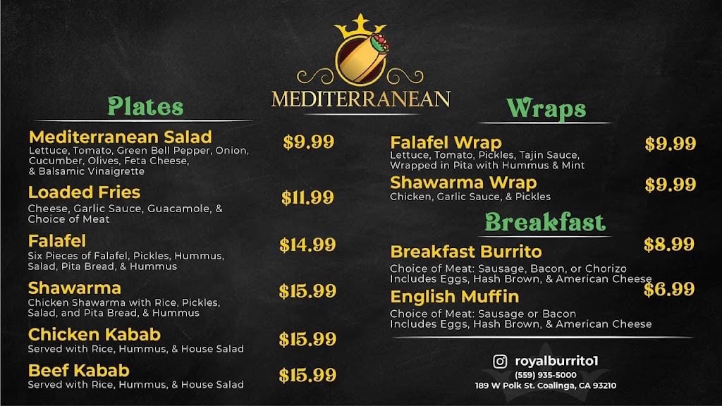 Royal Burrito | restaurant | 189 W Polk St, Coalinga, CA 93210, USA | 5599355000 OR +1 559-935-5000