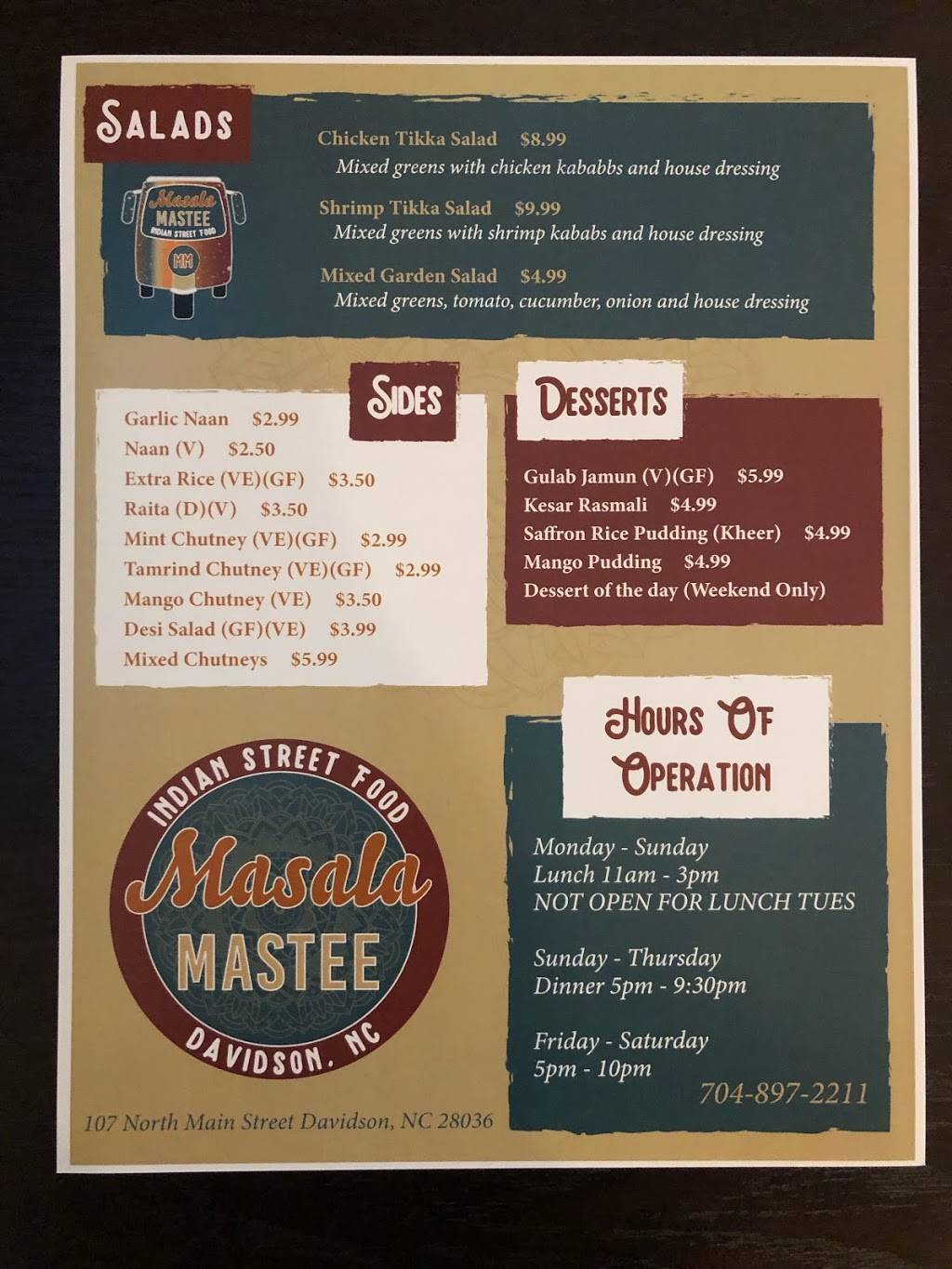 Masala Mastee | restaurant | 107 N Main St #101, Davidson, NC 28036, USA | 7048972211 OR +1 704-897-2211