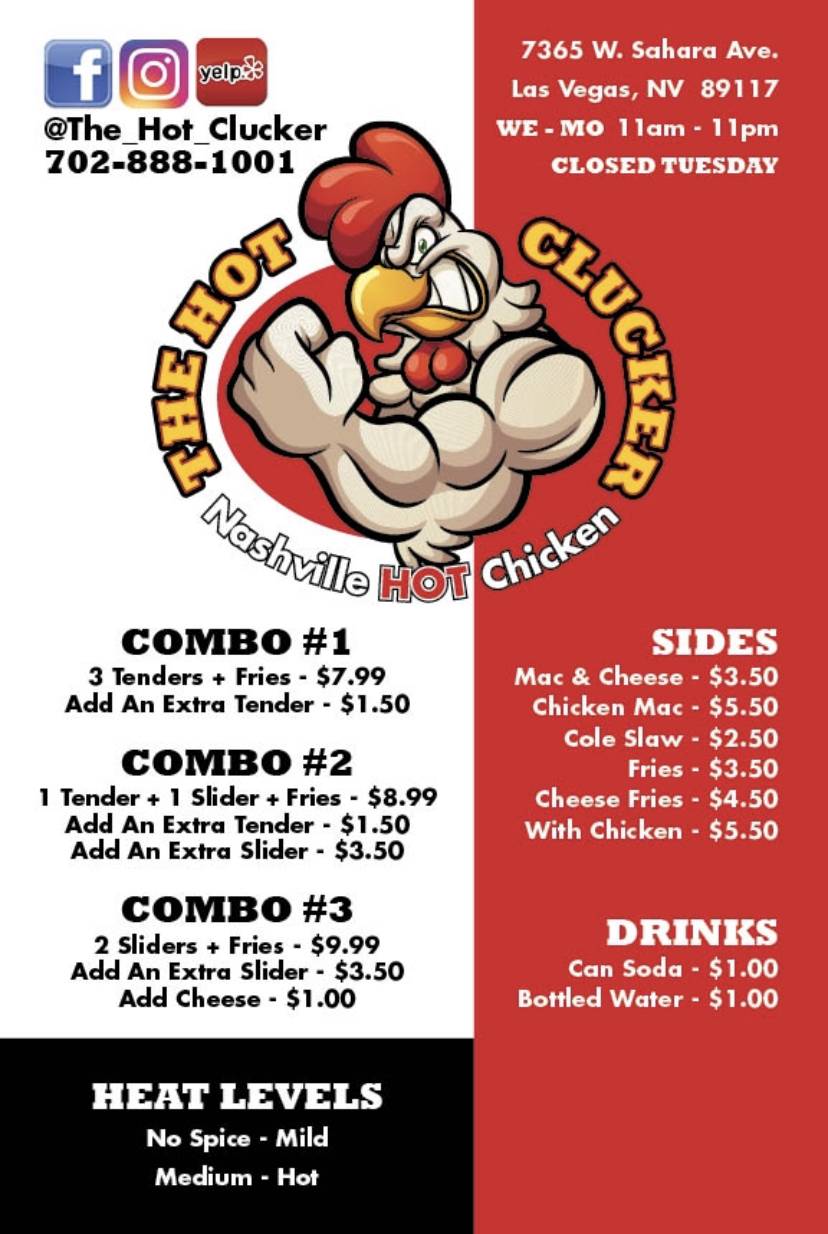 The Hot Clucker | restaurant | 7365 W Sahara Ave Suite A, Las Vegas, NV 89117, USA | 7028881001 OR +1 702-888-1001
