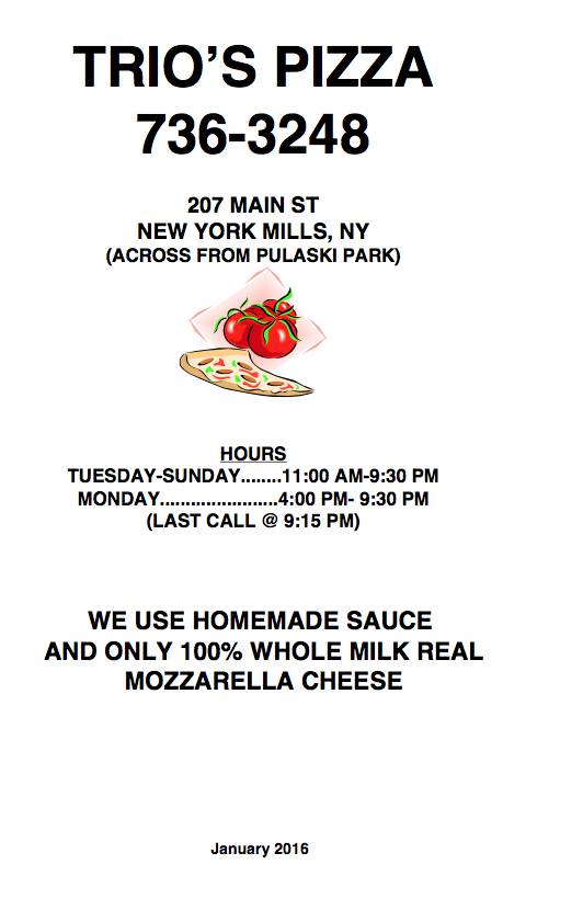 Trios Pizza | restaurant | 207 Main St, New York Mills, NY 13417, USA | 3157363248 OR +1 315-736-3248
