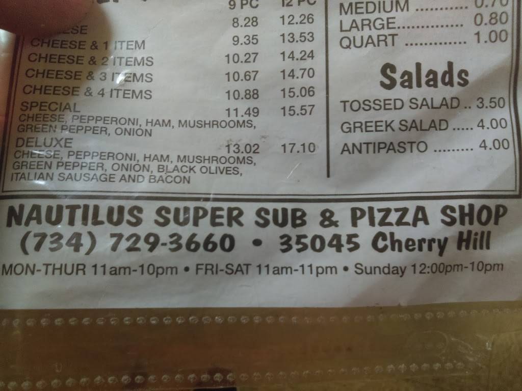 Nautilus Sub & Pizza Shop | restaurant | 35045 Cherry Hill Rd, Westland, MI 48186, USA | 7347293660 OR +1 734-729-3660