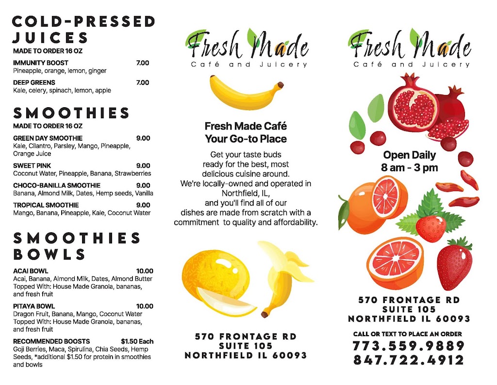Fresh Made Cafe and Juicery | restaurant | 570 Frontage Rd Suite 105, Northfield, IL 60093, USA | 8477224912 OR +1 847-722-4912