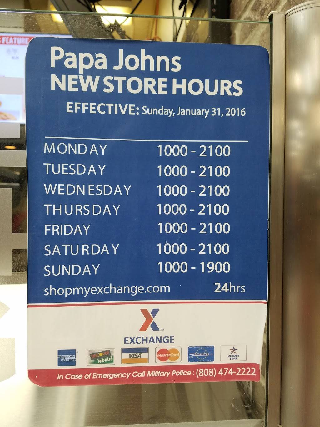 Papa Johns Pizza | restaurant | 1232 Hangar Ave, Hickam Field, HI 96853, USA | 8082000005 OR +1 808-200-0005