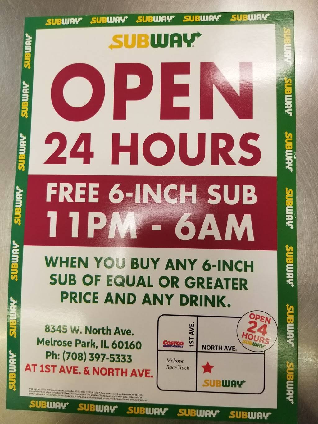 Subway Restaurants | restaurant | 8345 W North Ave #1-7A, Melrose Park, IL 60160, USA | 7083975333 OR +1 708-397-5333