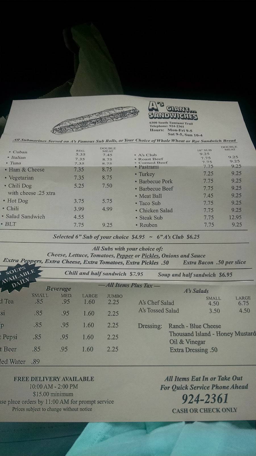 As Giant Sandwiches | restaurant | 6300 S Tamiami Trail # 1, Sarasota, FL 34231, USA | 9419242361 OR +1 941-924-2361