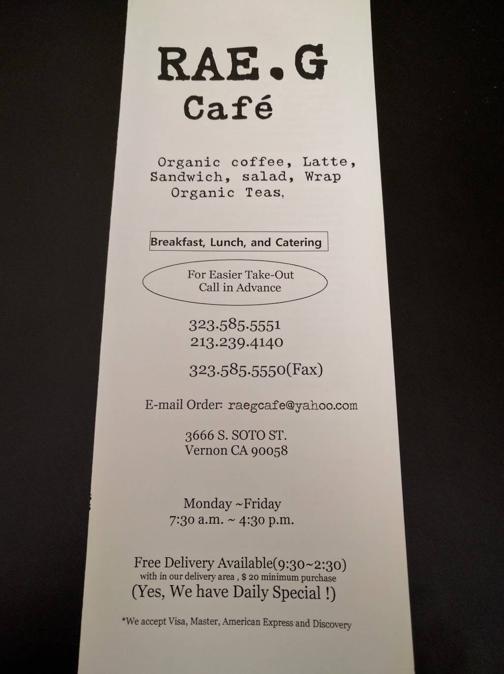 Rae. G Café | cafe | 3666 S Soto St, Vernon, CA 90058, USA | 3235855551 OR +1 323-585-5551