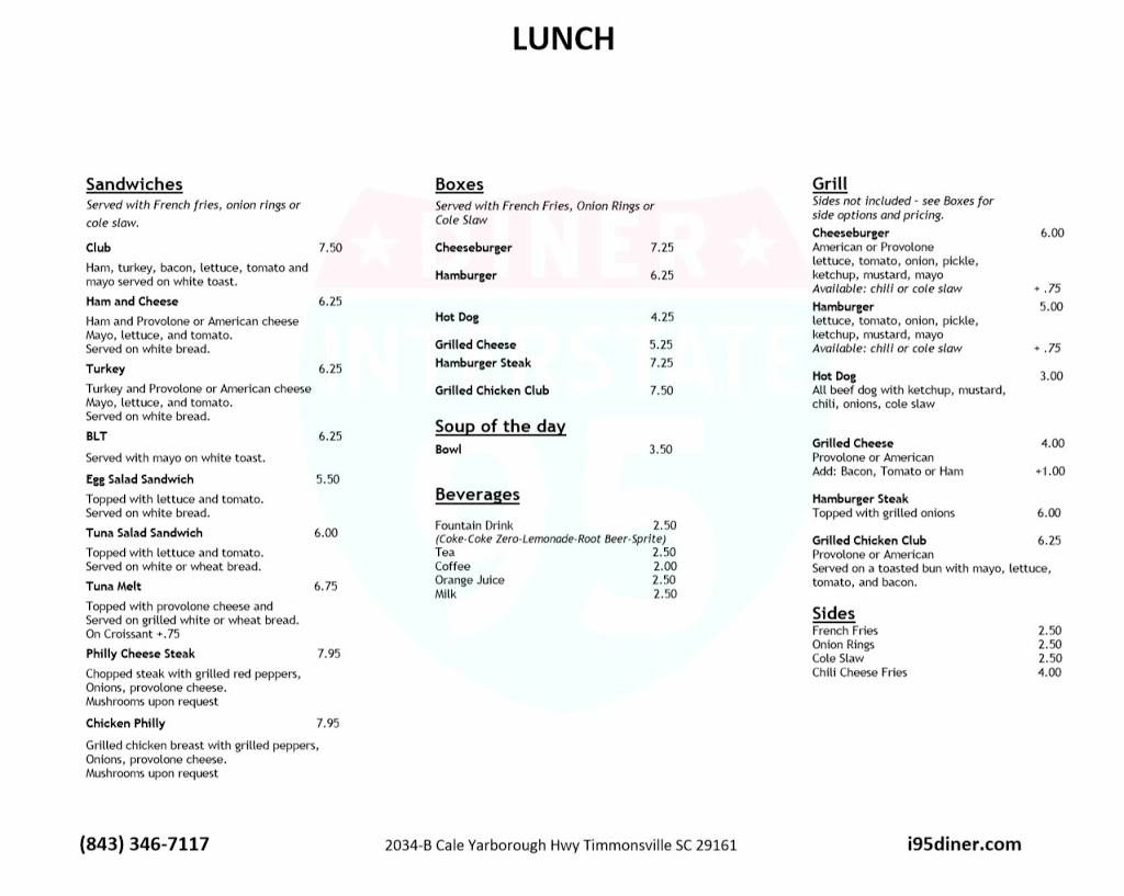 Interstate 95 Diner | restaurant | 2034 Cale Yarborough Hwy I95, Timmonsville, SC 29161, USA | 8433467117 OR +1 843-346-7117