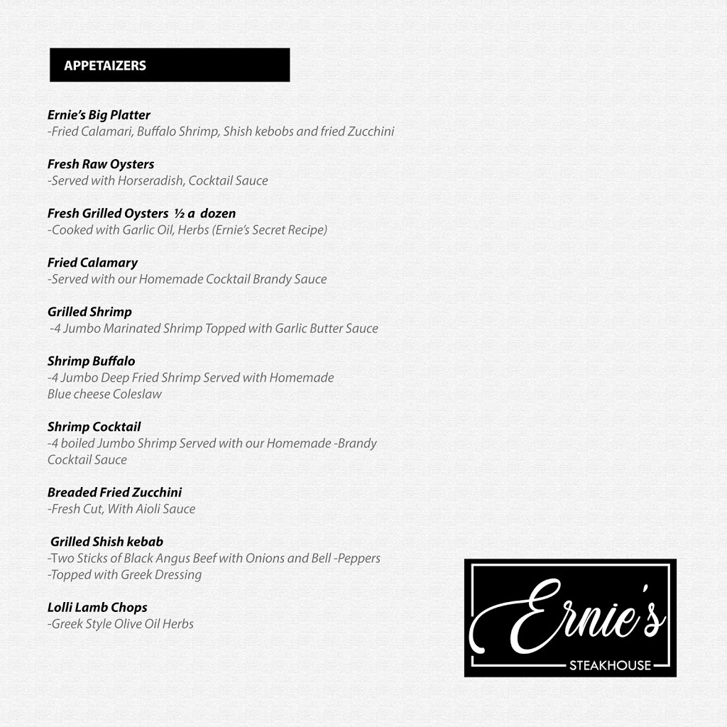 Ernies Steakhouse | restaurant | 9141 Wicker Ave, St John, IN 46373, USA | 2195580509 OR +1 219-558-0509