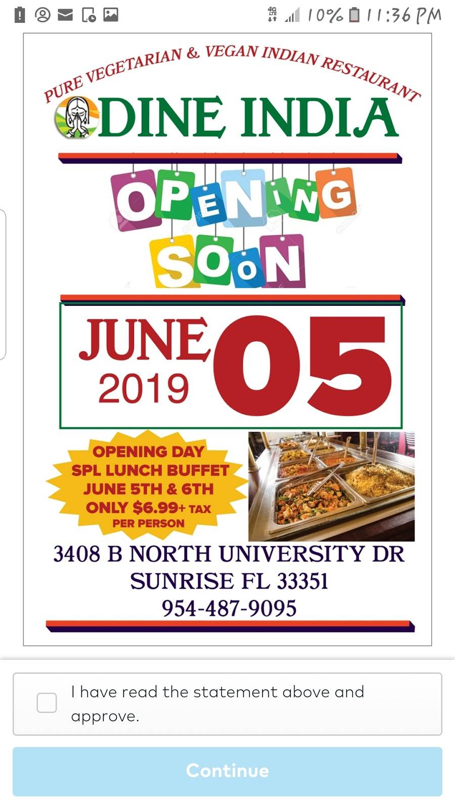 Dine india | restaurant | 3408 b N University Dr, Sunrise, FL 33351, USA | 9544879095 OR +1 954-487-9095