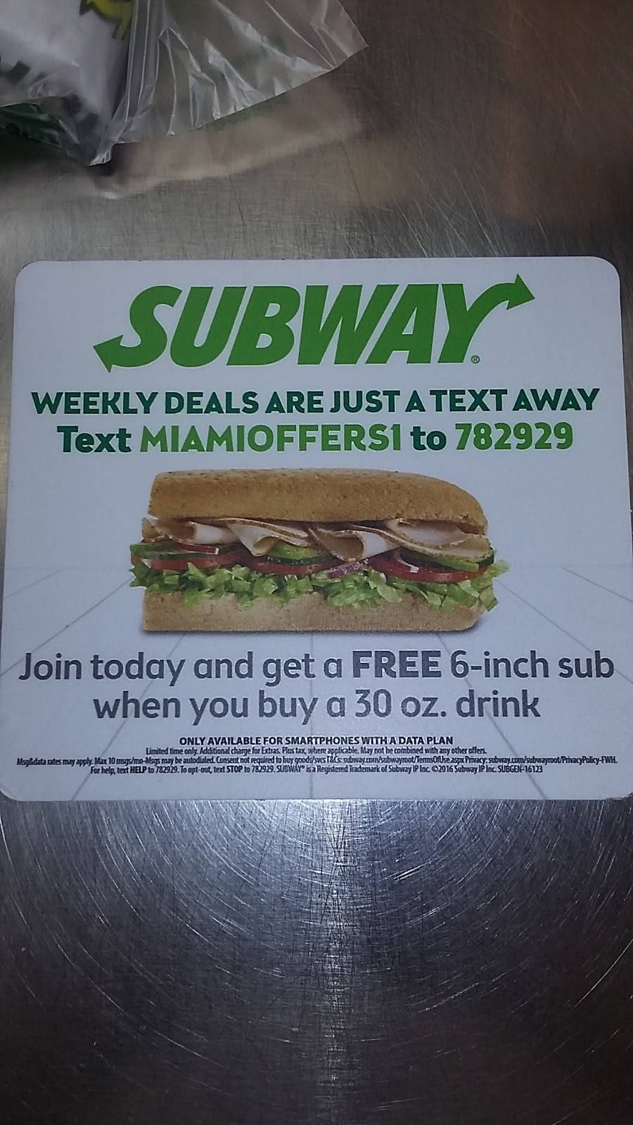 Subway | restaurant | 7098 SW 117th Ave, Miami, FL 33183, USA | 3055951495 OR +1 305-595-1495
