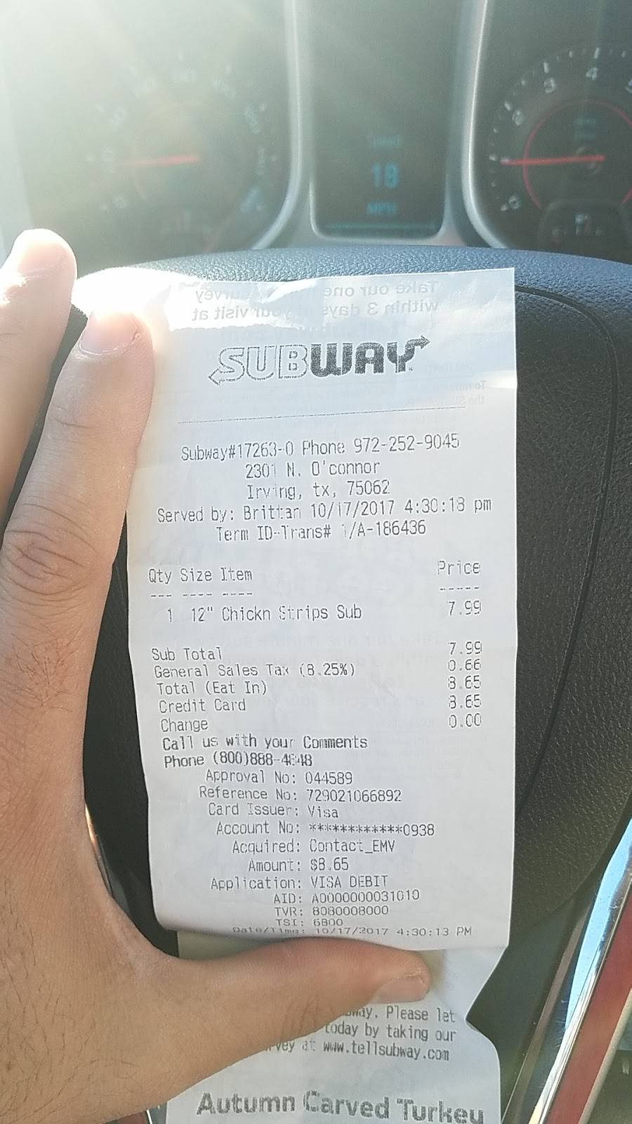 Subway | restaurant | O Connor Plaza Ltd, 2301 N OConnor Rd Suite A, Irving, TX 75062, USA | 9724570262 OR +1 972-457-0262