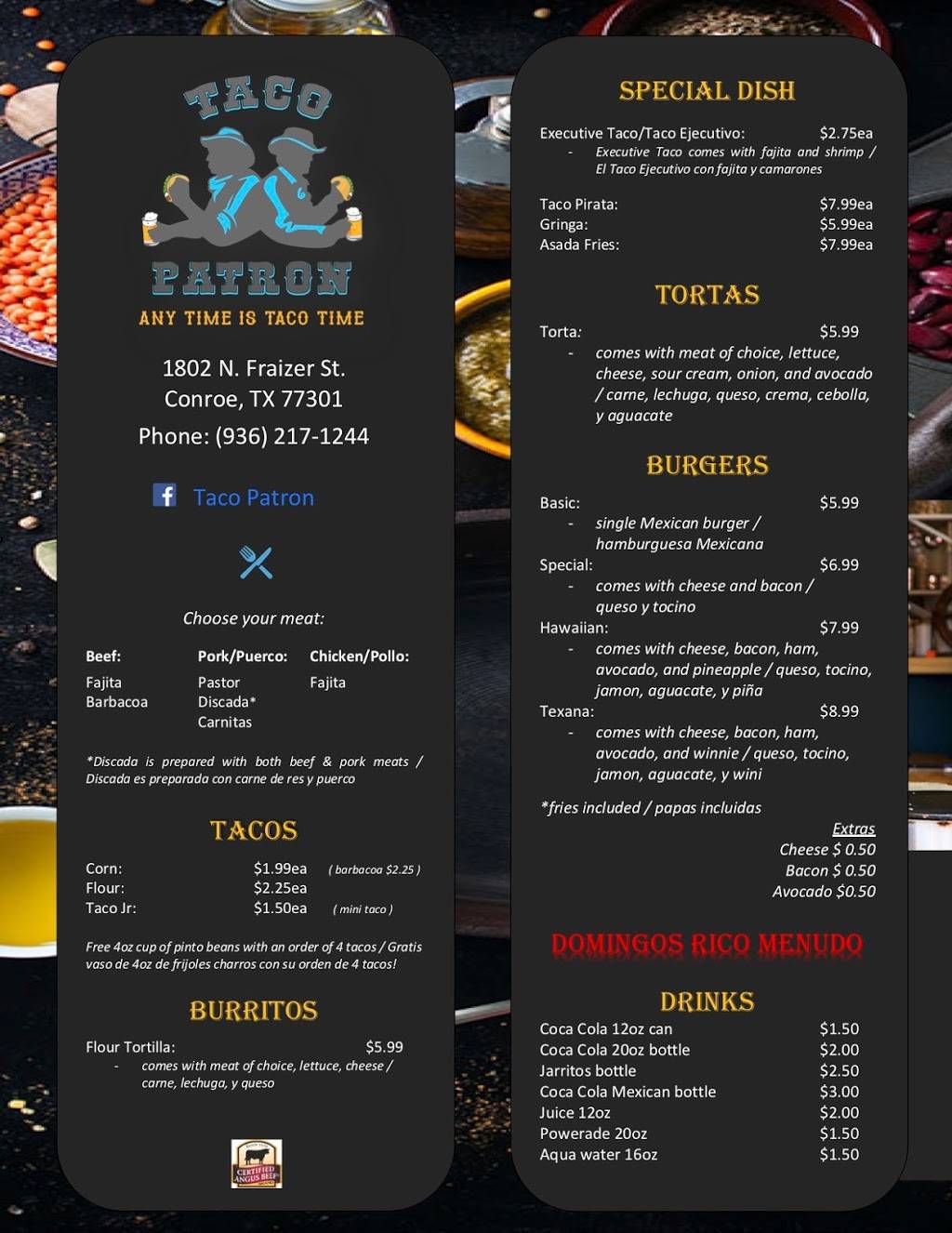 Taco Patron | restaurant | 1802 N Frazier St, Conroe, TX 77301, USA | 9362171244 OR +1 936-217-1244