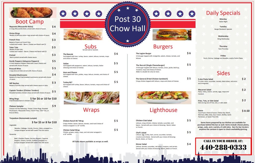 Post 30 Chow Hall | restaurant | 1112 W Erie Ave, Lorain, OH 44052, USA | 4402880333 OR +1 440-288-0333