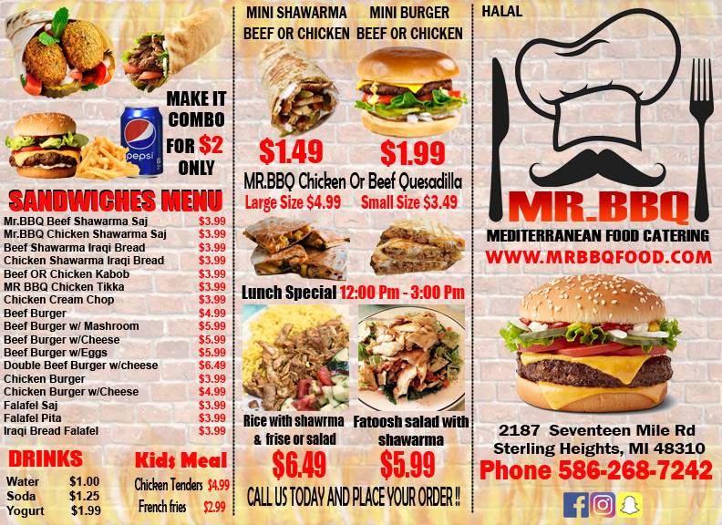 MR BBQ Mediterranean Food Catering | restaurant | 2187 17 Mile Rd, Sterling Heights, MI 48310, USA | 5862687242 OR +1 586-268-7242