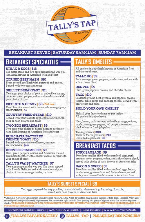 Tallys Tap & Eatery | restaurant | S31W24661 W Sunset Dr, Waukesha, WI 53189, USA | 2624463153 OR +1 262-446-3153